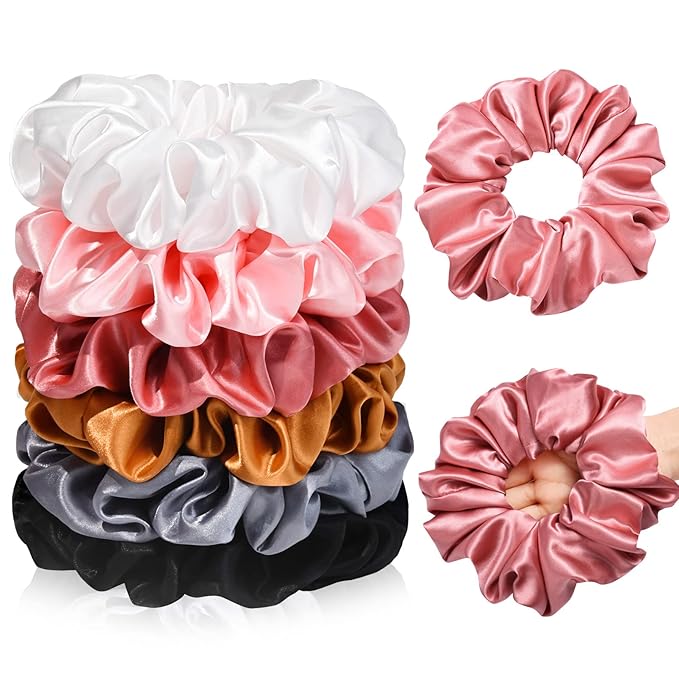 CEELGON Large Silk Satin Scrunchies for Women - Big Jumbo Hair Ties for Thick Curly Hair - Pack of 6 (Black, Pink, Dusty Blue, Gold, White)