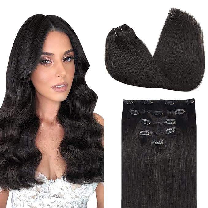 DOORES Clip in Hair Extensions Human Hair, 5pcs 75g 14 Inch Natural Black Real Human Hair Extensions Clip in Remy Straight Natural Hair Extensions