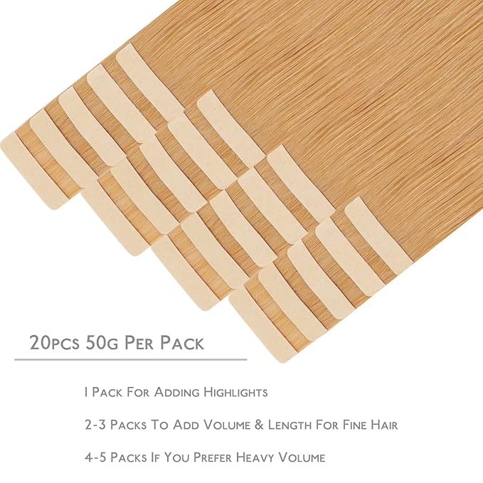 WENNALIFE Tape in Hair Extensions Human Hair, 20pcs 50g 20 inch Strawberry Blonde Remy Hair Extensions Straight Human Hair Tape in Extensions Skin Weft Tape Extensions Human Hair