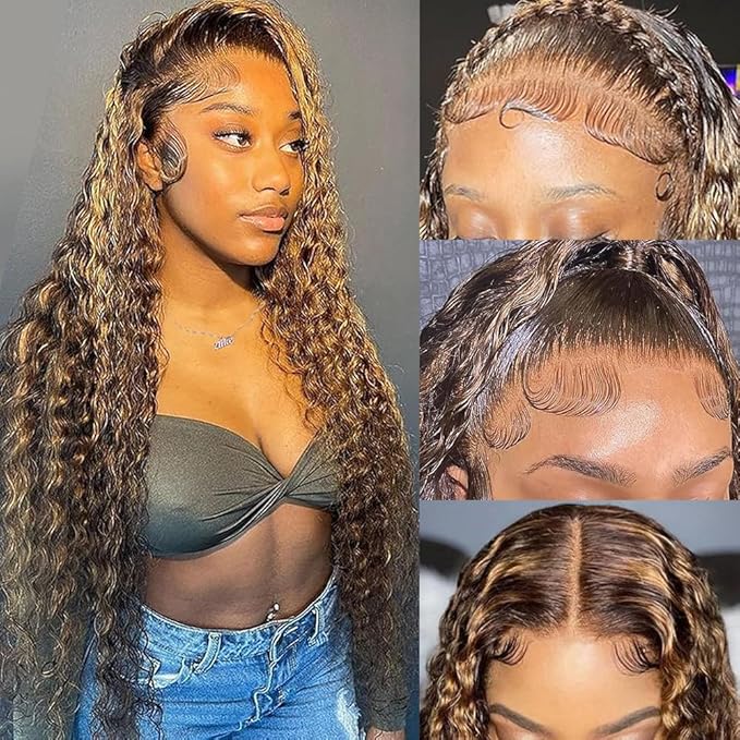 bangjazz 30 Inch Deep Wave Lace Front Wigs Human Hair 180% Density Highlight Ombre 13x4 Lace Frontal Wigs Human Hair HD Lace P4/27 Wigs for Black Women Human Hair Pre Plucked Curly Lace Front Wig