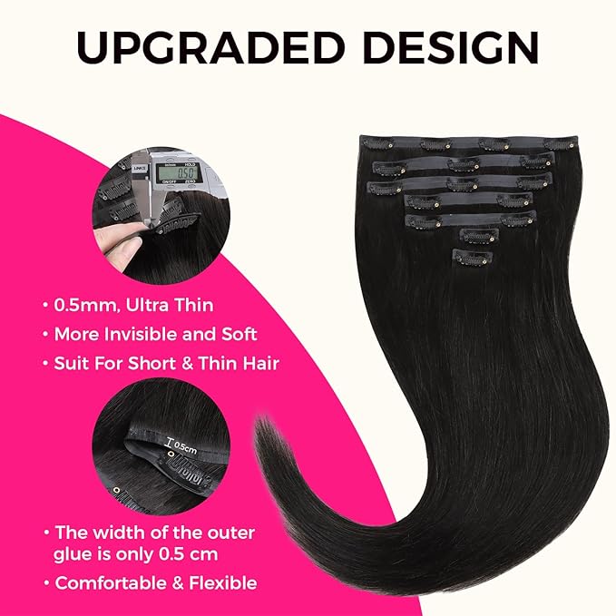 Lashey Seamless Clip in Hair Extensions Human Hair 7pcs 110g Light Yaki Straight Clip ins with PU Weft 22 Inch Natural Black Human Hair Clip in Extensions for Women