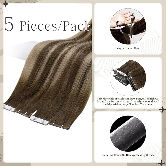 Full Shine Virgin Tape in Hair Extensions Human Hair 5Pcs Color 4/27/4 Balayage Invisible Tape in Extensions 22 Inch Remy Injection Tapes in Human Hair for Women 12.5 Gram Hair Extensions