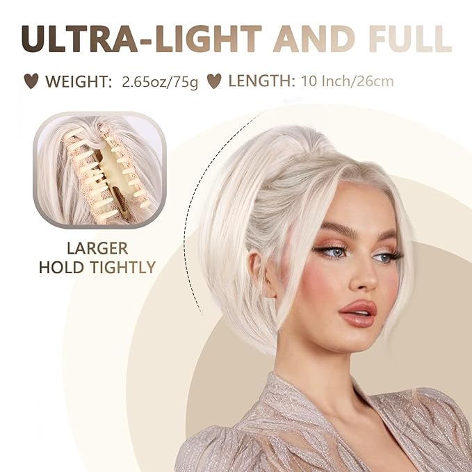 Clip on Ponytails for Women - 10 Inch Short Ponytail Extension, Straight Pony Tails Hair Extensions, Synthetic Hair Extensions Ponytail, Clip in Ponytail (Color: Ash Blonde with White Highlights)