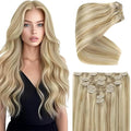 Ve Sunny Clip in Hair Extensions Double Weft Remy Hair Extensions Natural Human Hair Clip in Extensions Dark Blonde Highlights Golden Blonde 7pcs 120g 16 inch