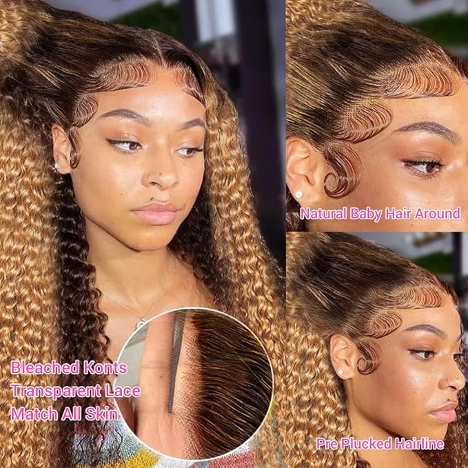 AMIRTY Ombre Lace Front Wigs Human Hair Pre Plucked Honey Blonde 4/27 Highlight Deep Wave 13x6 Lace Front Wig with BabyHair Drawstring Wig Human Hair Lace Frontal Human Hair Wigs for Women