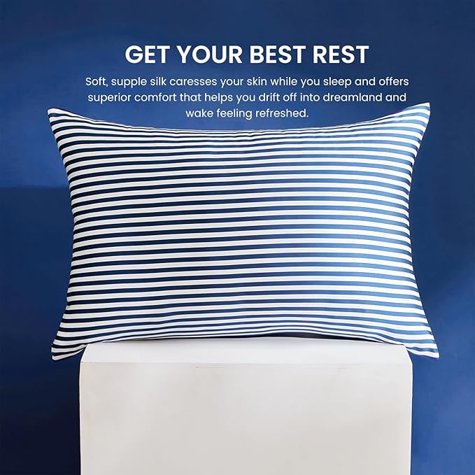 THXSILK Mulberry Silk Pillowcase for Hair and Skin Health, Grade 6A+ Mulberry Silk Pillowcase with Hidden Zipper, Soft and Breathable, 1pc (Queen 20"x30", Blue White Stripes)