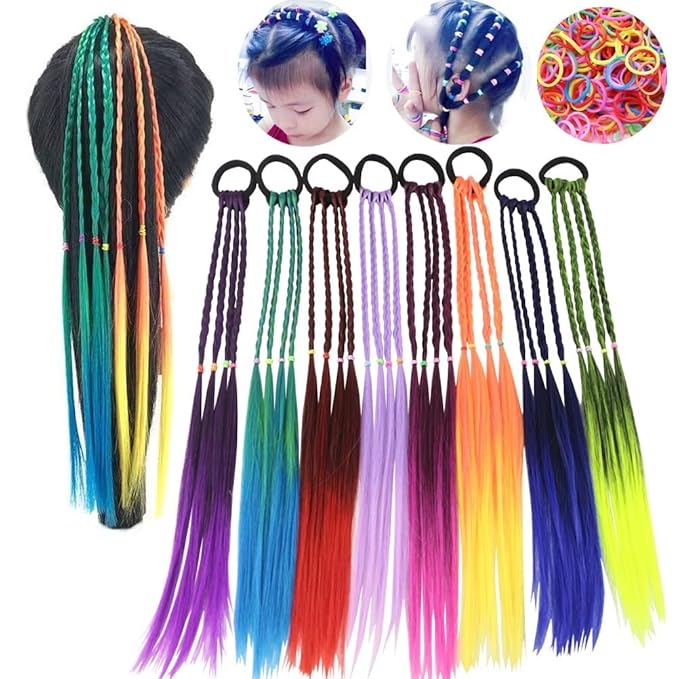 Colored Braids Hair Extensions with Rubber Bands Rainbow Braided Synthetic Hairpieces Ponytail Hair Accessories for Women Kids Girls Party Highlights Cosplay Dress Up (8PCS D Style)