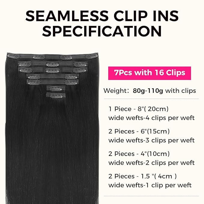 Lashey Seamless Clip in Hair Extensions, Straight Remy Human Hair Extensions 12 Inch #1 Jet Black 7pcs 80g Real Human Hair Extensions with Soft Invisi Edge PU Weft