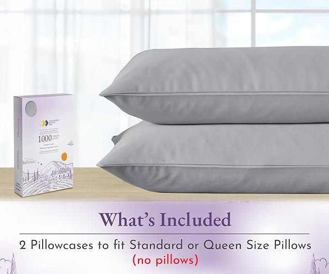 California Design Den Pillow Cases Standard Size Set of 2-1000 Thread Count Sateen, Soft & Thick 100% Cotton Standard/Queen Size Pillow Case Set, Durable - Light Grey