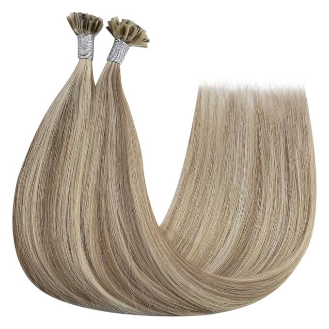 YoungSee U Tip Hair Extensions Highlight U Tips Human Hair Extensions Highlight Light Brown with Blonde Keratin Hair Extension for Women K Tip Real Hair Extension Hot Fusion 16In 50s/50g