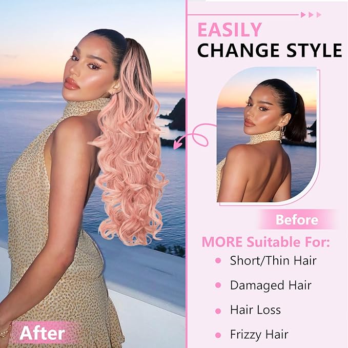 ALXNAN Ponytail Extension,24 Inch Claw Clip in Long Curly Wavy Omber Black to Pink Ponytail Hair Extension Jaw Clip on Pony Tails Hairpiece for Women