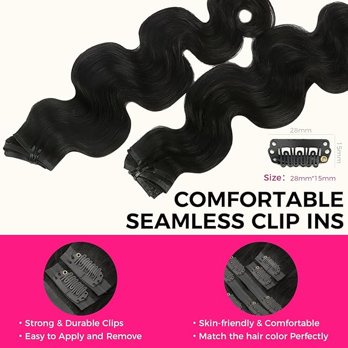 Lashey Clip in Hair Extensions Real Human Hair 110g Body Wave 7pcs Seamless Clip in Hair Extensions, 18 Inch #1B Natural Black 100% Real Soft Human Hair for Black Women
