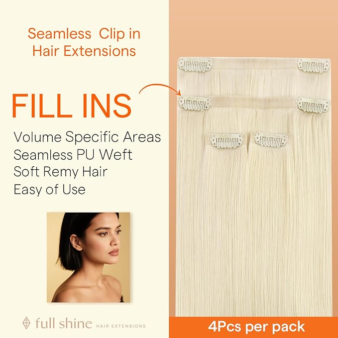 Full Shine Light Blonde Clip in Hair Extensions, Color 1000 Blonde Seamless Clip Ins with PU Weft, Remy Human Hair Extensions for Women, Silky Straight Fill Ins, 4Pcs 16 Inch Thick Ends 65g