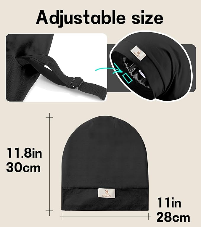 2pcs Silk Satin Bonnet Hair Wrap for Sleeping, Adjustable Strap Curly Natural Hair Night Caps for Women Men(Black&Black)