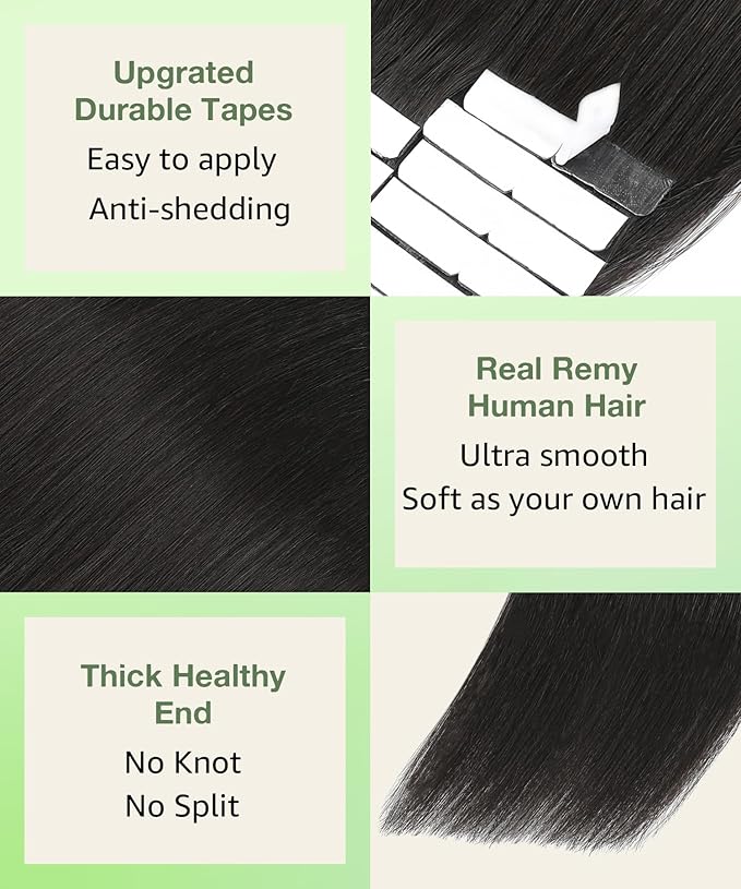 SURNEL Tape in Hair Extensions Double Drawn Remy Tape in Hair Extensions Human Hair Color 1B Off Black 18 inch 20pcs 50g(#1B-18)