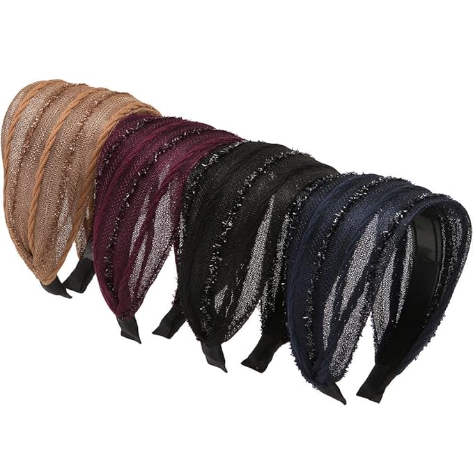 LONEEDY 4 Pack Wide Hard Headband with Teeth for Women, Girls’s Hair Band Pleated Cloth Fabric Hair Hoop Accessories (Mixed colors C)