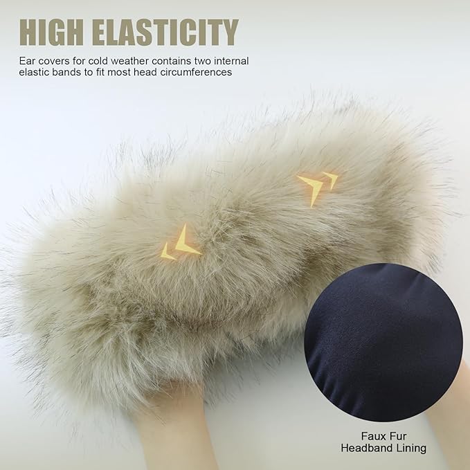 Faux Fur Headband for Women Elastic Fuzzy Thick Earmuffs Winter Headwrap Ear Muffs Furry Ear Warmers Cold Weather (Apricot)