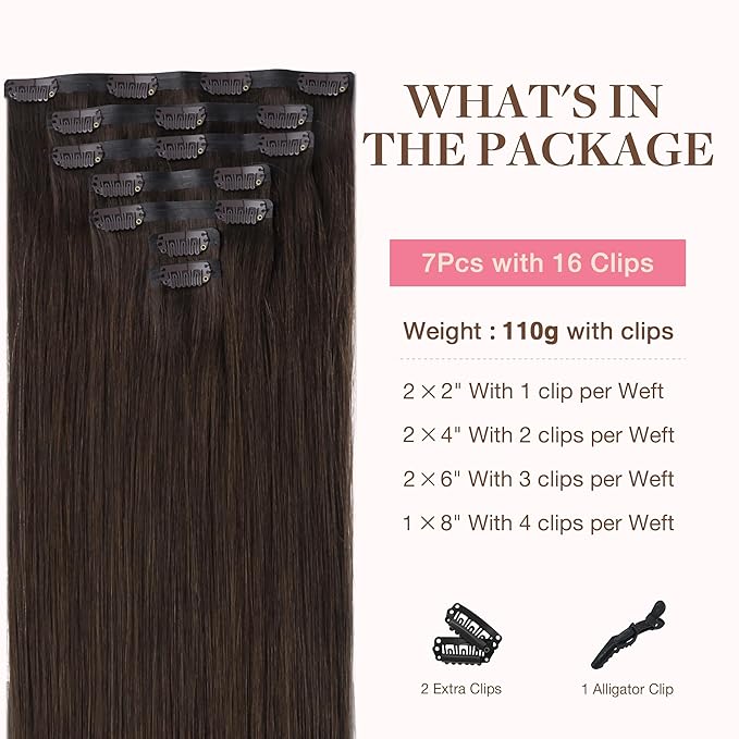 GOO GOO Clip in Hair Extensions Real Human Hair, Remy Human Hair Extensions Clip ins for Women, Natural Human Hair, 24inch 140g 7Pcs, #2A Light Brown