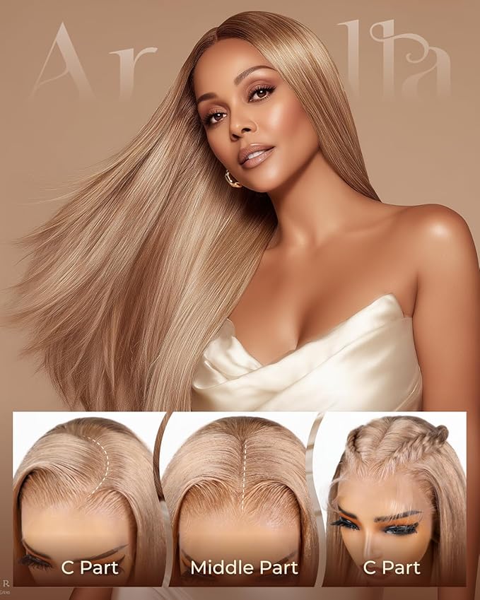 Arabella 13x6 Light Brown Blonde Wig Human Hair Glueless Wigs Human Hair Pre Plucked Pre Cut 13x6 Ear to Ear Full HD Lace Front Wigs 210% Density Straight Wig Drawstring Wig Human Hair 22 Inch