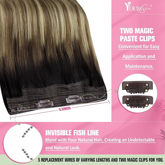 YoungSee 135G Wire Hair Extensions Real Human Hair Ombre Wire Hair Extensions Multicolor Human Hair Fish Line Extensions Dark Brown Roots to Medium Brown with Blonde Balayage 24inch