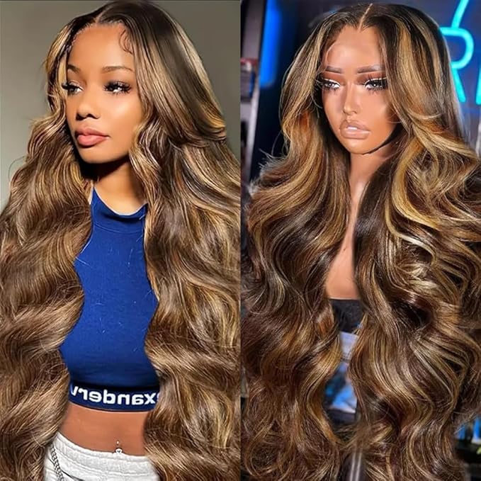 Honey Blonde 4/27 Ombre Lace Front Wig Human Hair 13x6 HD Highlight Body Wave Lace Frontal Wigs Glueless Wigs Pre Plucked with Baby Hair 180 Density 28Inch