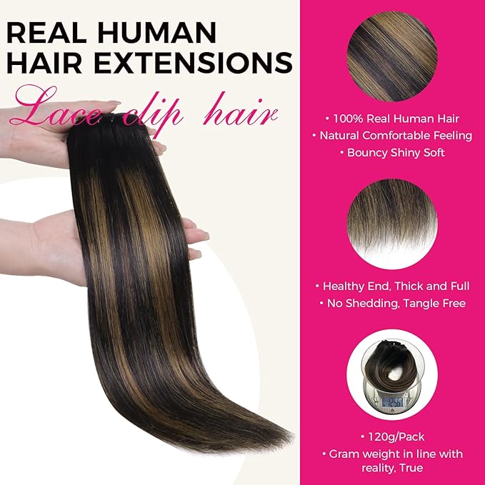 Lashey Clip in Hair Extensions Human Hair 24 Inch 120g 7pcs Remy Human Hair Long Straight Clip in Hair Extesnions Natural Black Mixed Chestnut Brown Human Hair Clip in Hair Extensions