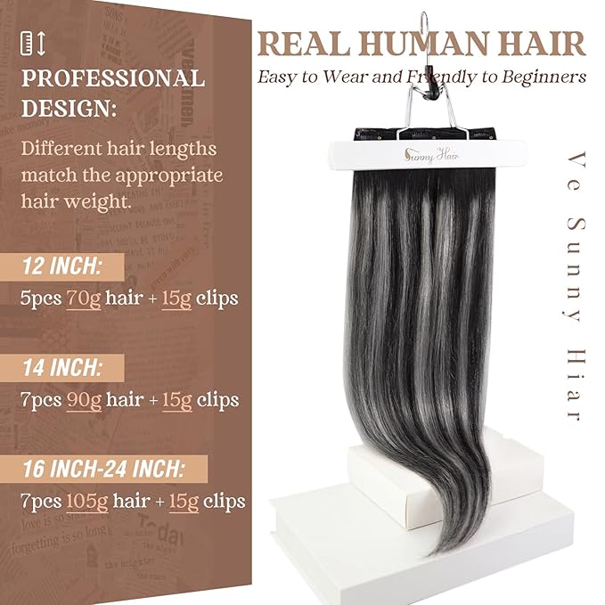 Ve Sunny Clip in Hair Extensions Real Human Hair Ombre Hair Clip in Extensions Ombre Black Roots to Grey Balayage Human Hair Extensions Clip ins Short Straight Remy Hair 80g 5pcs 12inch
