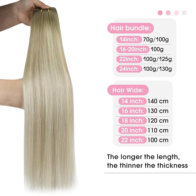 YoungSee 100g Sew in Hair Extensions Real Human Hair Ombre Human Hair Weft Extensions Ash Blonde Ombre Platinum Blonde Highlights Sew in Hair Extension for Short Hair 14inch