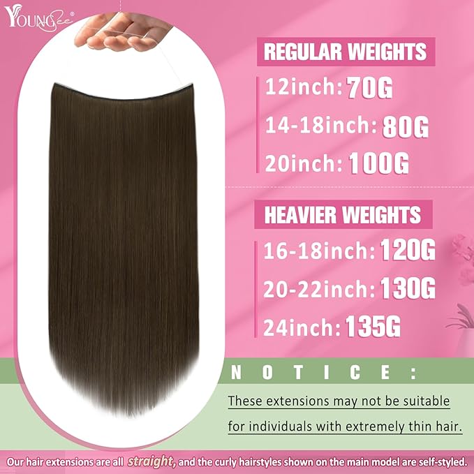YoungSee Wire Hair Extensions Real Human Hair Brown Wire Extensions Real Human Hair Brown Straight Human Hair Fish Line Extension Easy to Apply and Remove 18 Inch 80g