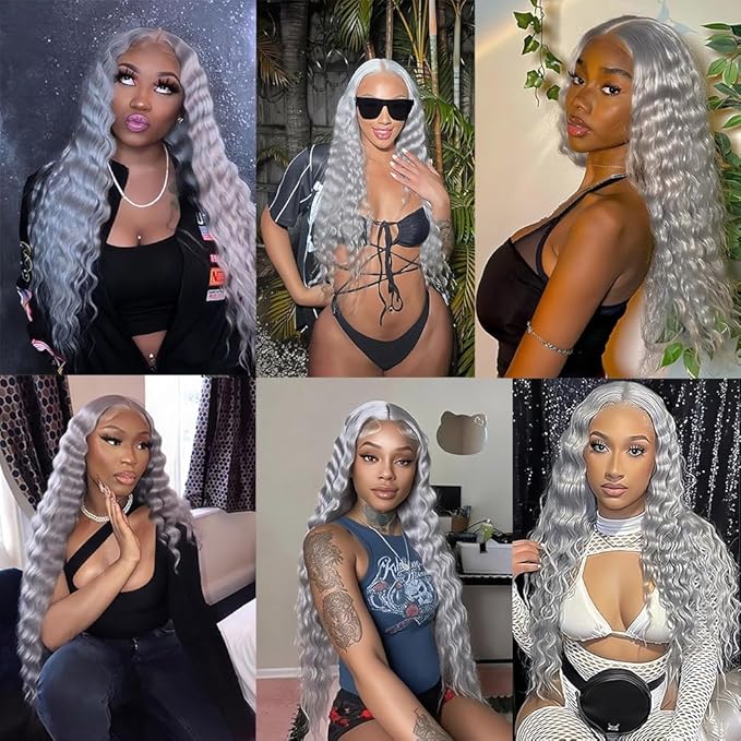 28 30 32 Inch Grey Bundles Human Hair Silver Deep Wave Bundles Niegmeag Brazilian Virgin Remy Hair Extensions Double Weft Soft And Silky Gray Deep Wave Bundle
