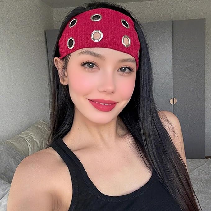 papasgix Grommet Headband for Women, Y2K Elastic Headband Wide Black Hair Band with Holes Metal Rock Style 2000s Hair Accessories (1, Dark Grey)