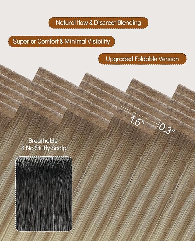 VINBAO Invisi Edge Tape in Hair Extensions Human Hair, Balayage Ombre Ash Brown to Platinum Blonde 40g 20pcs Seamless Injected Tape Ins Hair Extensions Natural Look 14inch #8T60
