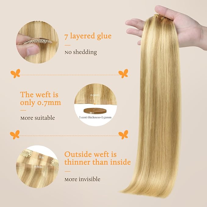DOORES Seamless Clip in Hair Extensions, Real Human Hair, DirtyBlonde Highlight Golden Blonde 16 Inch 110g 7pcs, Invisible PU Weft Hair Invisi Edge Hair Extensions