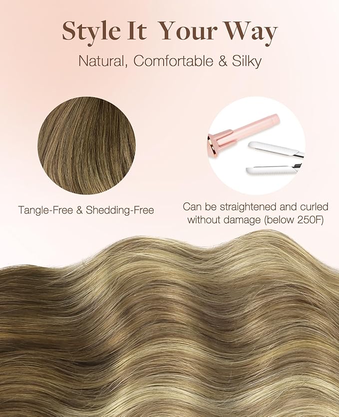 GOO GOO Invisi Edge Tape in Hair Extensions Human Hair, 3/8/613 Walnut Brown to Ash Brown and Bleach Blonde 10pcs injected with 10pcs classical tape ins, 14inch 50g, Virgin Remy Hair, Natural Look