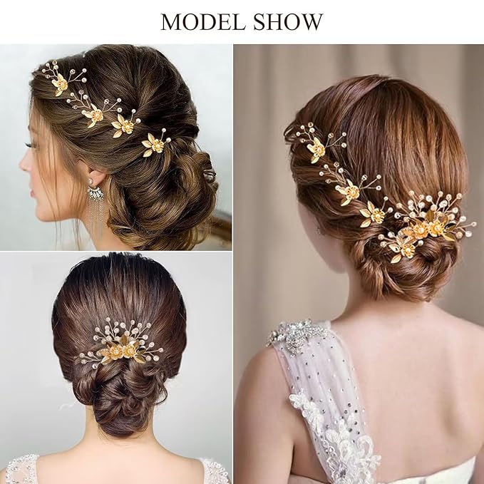 Wedding Hair Pins - Elegant Pearl Leaf Crystal Hair Accessories for Bridal Women (Silver)