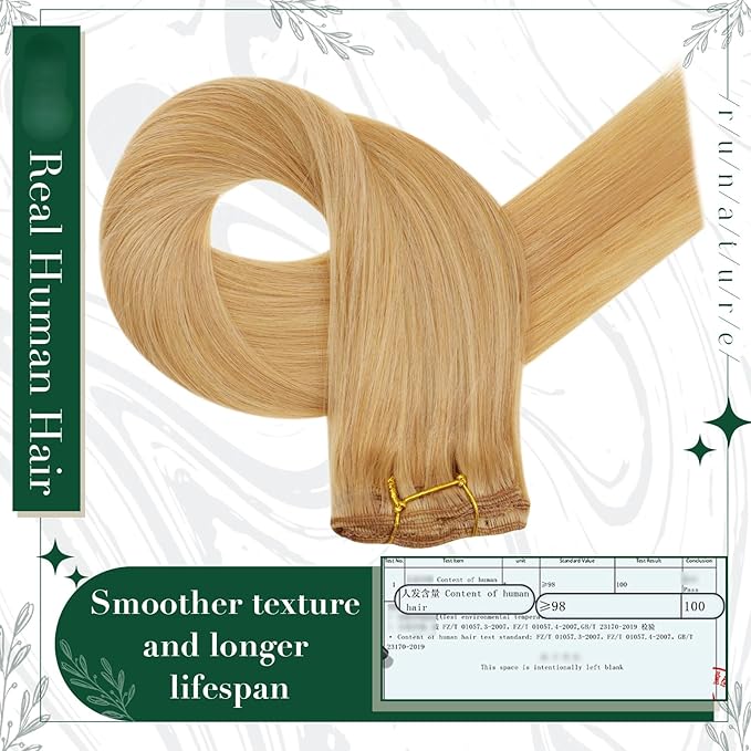 RUNATURE Blonde Clip in Hair Extensions, Human Hair Extensions Clip Ins, Remy Real Hair, Add Hair Length, Full Ends Clip in Extensions, Well Blended, 16 Inch 50g 3pcs #16P24 Golden Blonde Highlight