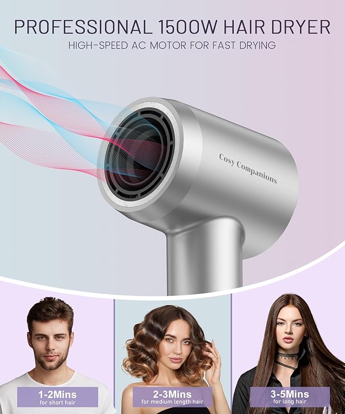 Cosy Companions Hair Dryer - 150000 RPM High-Speed Brushless Motor Negative Ionic Blow Dryer for Fast Drying, Low Noise Thermo-Control Hair Dryer with Diffuser and Nozzle, Silvery