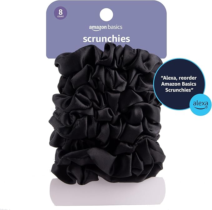 Amazon Basics Satin Scrunchies Black Hair Ties, Pack of 8