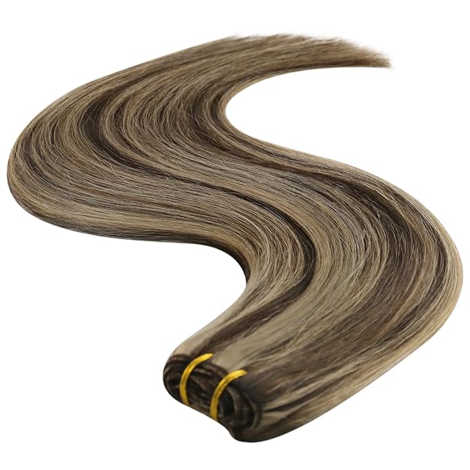 YoungSee Human Hair Sew in Extensions Brown Highlight Hair Extensions Weft Dark Brown Mix Caramel Blonde Sew in Bundles Human Hair One Piece for DIY 16Inch 100G