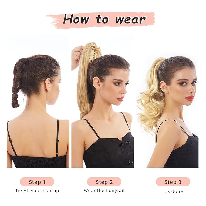 Ponytail Extension, Clip on Ponytails for Women, 12" Claw Clip in Short Curly Wavy Pony Hair Extension for Women - Light Honey Blonde