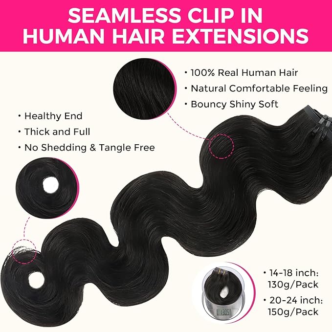 Lashey Clip in Hair Extensions Real Human Hair 150g Body Wave 9pcs Seamless Clip in Hair Extensions, 22 Inch #1B Natural Black 100% Real Soft Human Hair for Women