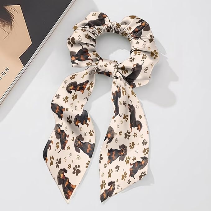 Dachshund Cute Hair Scrunchies with Ribbon 2 Pcs Paw Print Knotted Bow Satin Scarf Scrunchy Travel Accessory Animal Bow Hair Ties for Girls