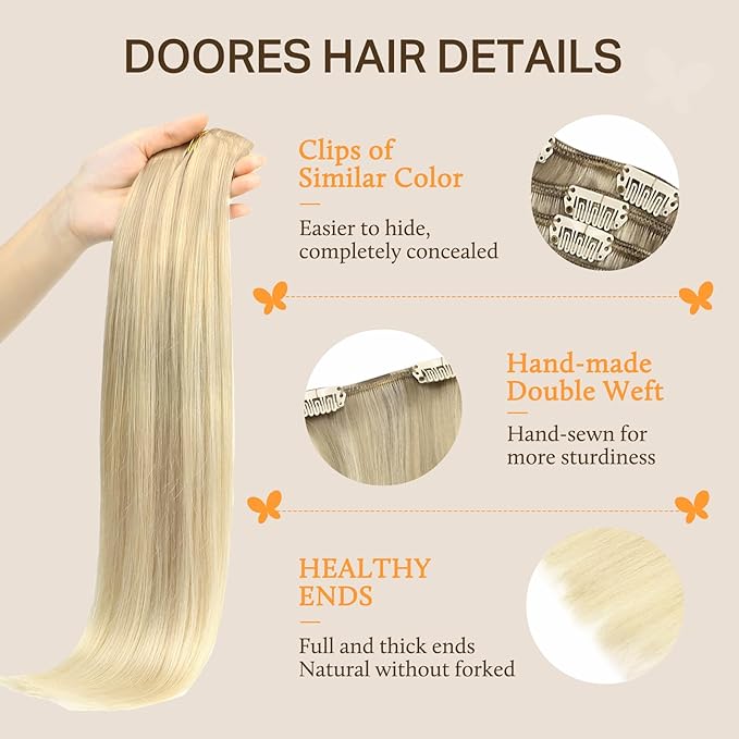 DOORES Classic Clip Seamless Clip, 5pcs 75g 16 Inch Balayage Ash Blonde to Golden Blonde and Platinum Blonde