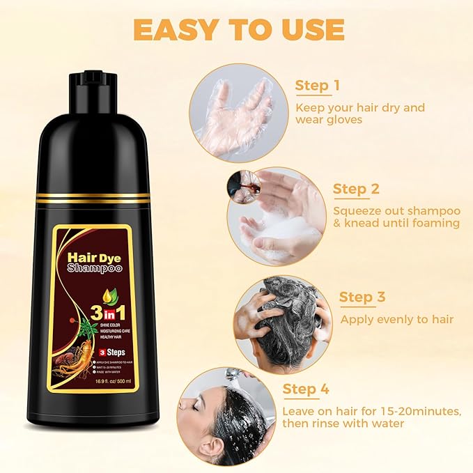 Coffee Hair Dye Shampoo 3 in 1 for Gray Hair Coverage, Hair Color Shampoo for Women Men, Herbal Ingredients Instant Champu Para Canas (16.9 Oz)