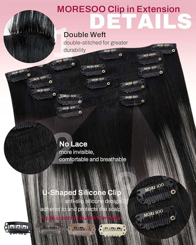 Moresoo Black And Grey Clip in Hair Extensions Ombre Natural Black to Silver Grey Hair Extensions Real Human Hair Clip ins Short Remy Straight 80g/5pcs 10 inch