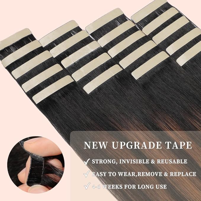 Tape in Hair Extensions Human Hair 20pcs Remy Hair Extensions Real Human Hair 18 Inch Balayage Natural Black Mixed Chestnut Brown Straight Invisible Human Hair Tape in Extensions (1B/1B/6#,18 Inch)