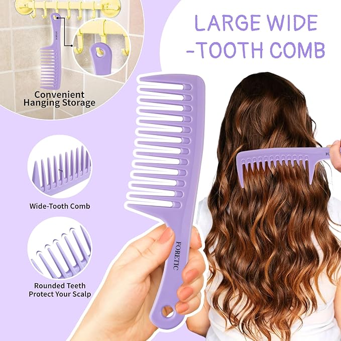 Hair Comb 3-in-1 Plastic Hair Comb Set For Women, Men - Wide Tooth, Rat Tail, and Regular Tooth Detangling Hair Combs for All Hair Types-Purple
