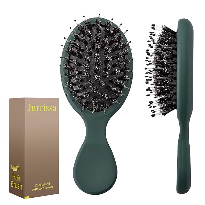Mini Boar Bristles Hair Bursh, Travel Size Hair Brush for Women Men Kids, Protable Small Hair Brushes for Pockets Purses, Mini Hair Brush for Smooth Add Shine (1 Pack-Green)