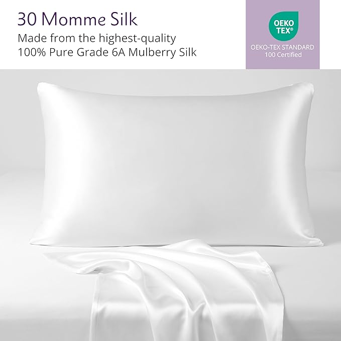 Mulberry Park 30 Momme 100% Pure Mulberry Silk Pillowcase - Luxury Charmeuse Weave for Hair and Skin, Cooling Silk Pillow Cover for Beauty Sleep - Queen Size 20"x30" / White