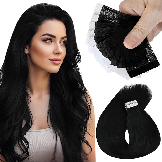 Sunny Hair Tape in Hair Extensions Real Human Hair Invisible Remy Hair Extensions Tape ins for Women Jet Black 22 inch 25G
